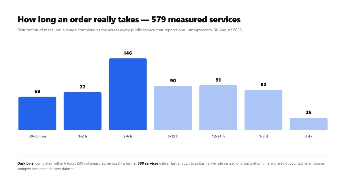 Bar chart: distribution of measured average completion times across 454 SMM panel services. 22 services finish under 1 minute, 49 within 1-5 minutes, 82 within 5-15 minutes, 45 within 15-30 minutes; 114 take 1-6 hours and 57 take more than 24 hours.