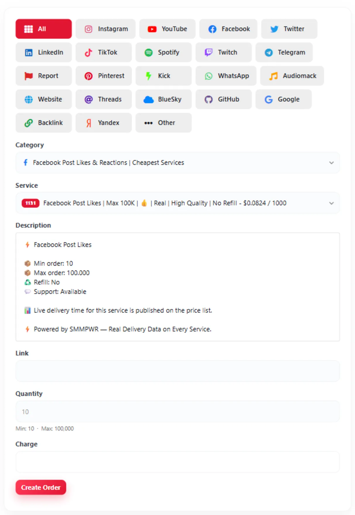 The SMM PWR order screen: a grid of labelled platform tiles — All, Instagram, YouTube, Facebook, Twitter, LinkedIn, TikTok, Spotify, Twitch, Telegram, Report, Pinterest, Kick, WhatsApp, Audiomack, Website, Threads, BlueSky, GitHub, Google, Backlink, Yandex and Other — above the category and service pickers, a description box listing minimum order, maximum order, refill term and support status, and the link, quantity and charge fields